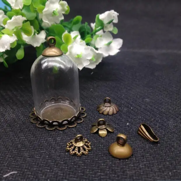 

50sets/lot 25*18mm glass globe double lace antique bronze color base beads cap set glass vials bottle pendant jewelry findings