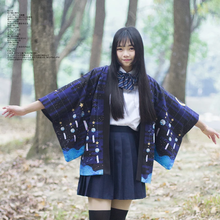Online Japanischen lose bademantel Sterne follwoing klingelton dunkelblau farbe haori sommer Sonnenschutz kimono Literatur und kunst cosplay frauen