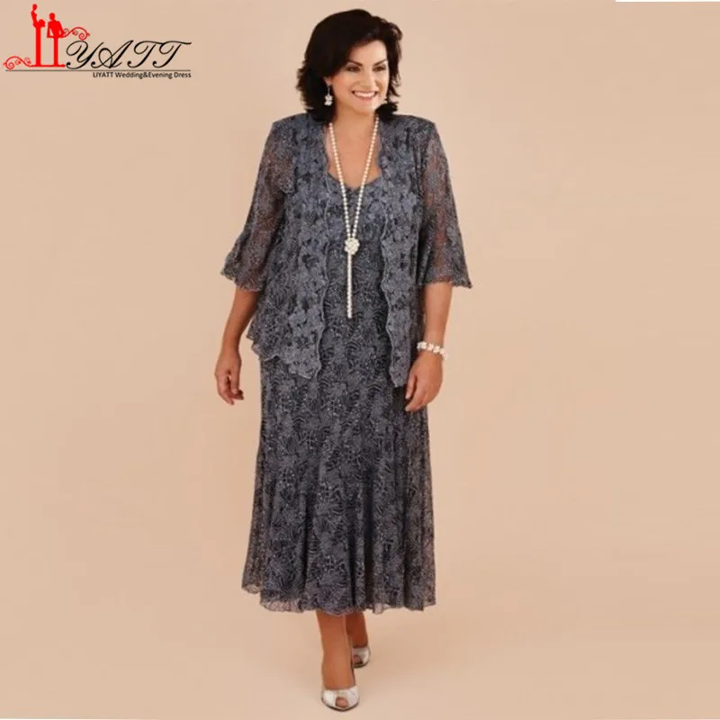 ==> [Free Shipping] Buy Best Plus Size Tea Length Gray Lace Mother of the Bride Dresses with Jacket Groom Mother Wedding Party Dress Women Formal Gowns Online with LOWEST Price