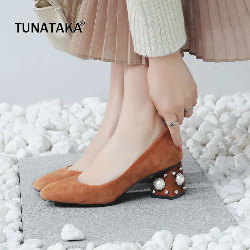 Suede Comfort Square High Heel Woman Pumps Fashion Shallow Dress Lazy Shoes Woman Black Brown