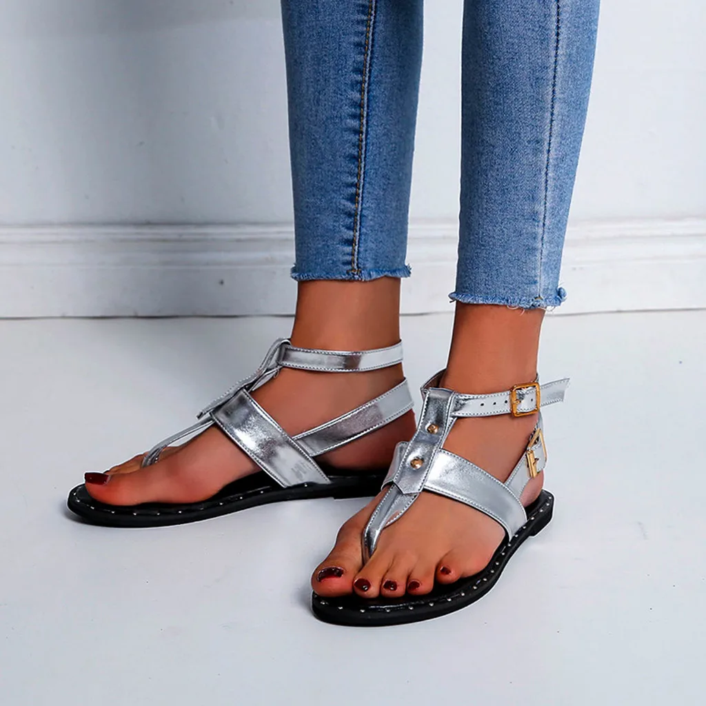 

SAGACE Shoes 2019 Fashion Women's Clip-Toe Flat Shoes Female Open Toe Ankle Buckle Roman Sandals With Silver Size 35-43 J10