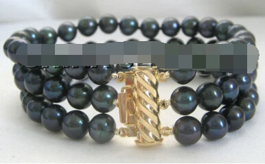 

Miss charm Jew.236 8" 3row 7-8mm BLACK perfect round freshwater pearl bracelet-14KGP/20