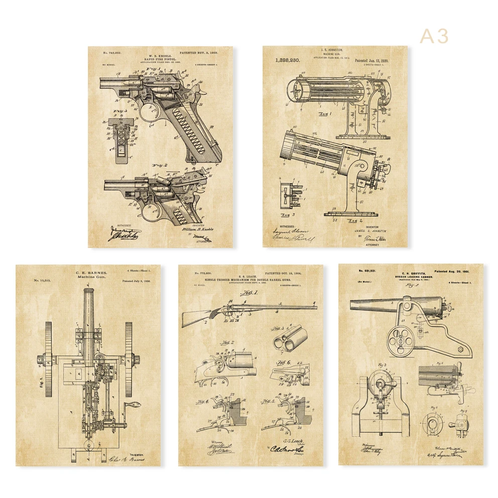 

Vintage weapon guns and cannon sets 5 in 1 Train sketch up Nursery train Wall Art classic weapon art