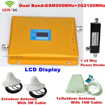 

LCD display Dual band GSM 900MHz + 3G W-CDMA 2100mhz cell phone signal booster / repeater / amplifier + 2 sets indoor antenna