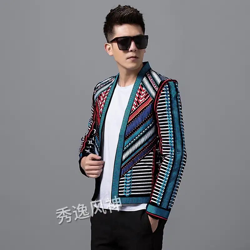 カラフルな刺繍スーツ男性ブレザーhombreスリムフィットステージパーティークラブデザイナージャケット男性djホストメンズブレザージャケット ブレザー Aliexpress