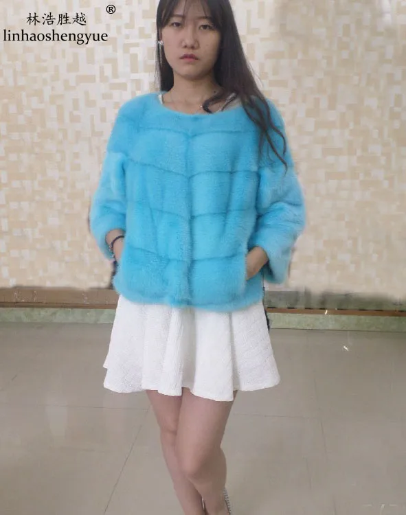 Linhaoshengyue Round Collar Hedging Seventh Sleeve Real Mink Fur Coat