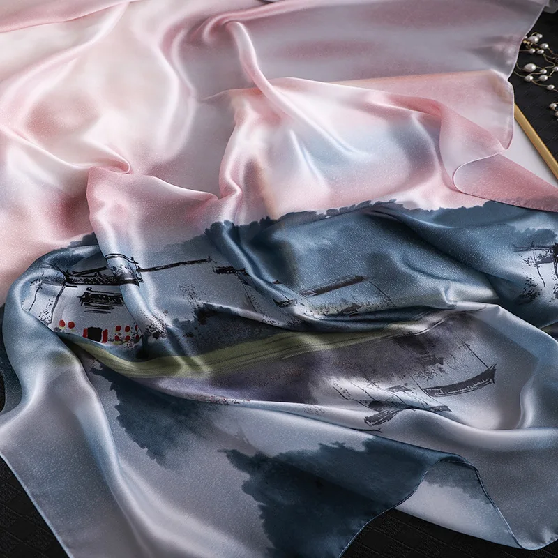 Женский шарф из натурального шелка роскошный бренд градиентный кантри печати Пашмина из мягкой ткани шарфы шаль Femme бандана Foulards хиджаб