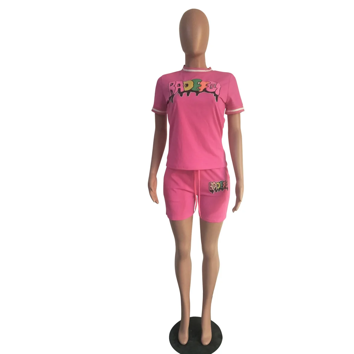 Сексуальный женский спортивный костюм из двух частей с буквенным принтом, облегающая футболка с круглым вырезом и коротким рукавом и Байкерский короткий спортивный костюм, летний комплект из 2 предметов