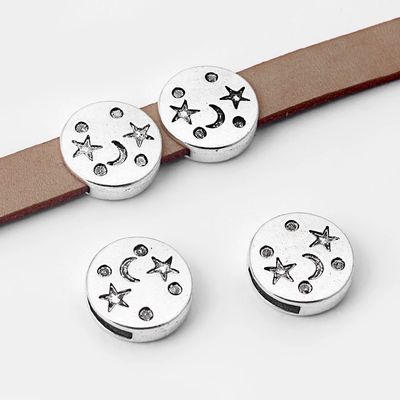 

Wholesale 10Pcs Antique Silver Round Carved Moon Pentagram Slider Spacer Beads For 5mm 10mm Flat leather Cord