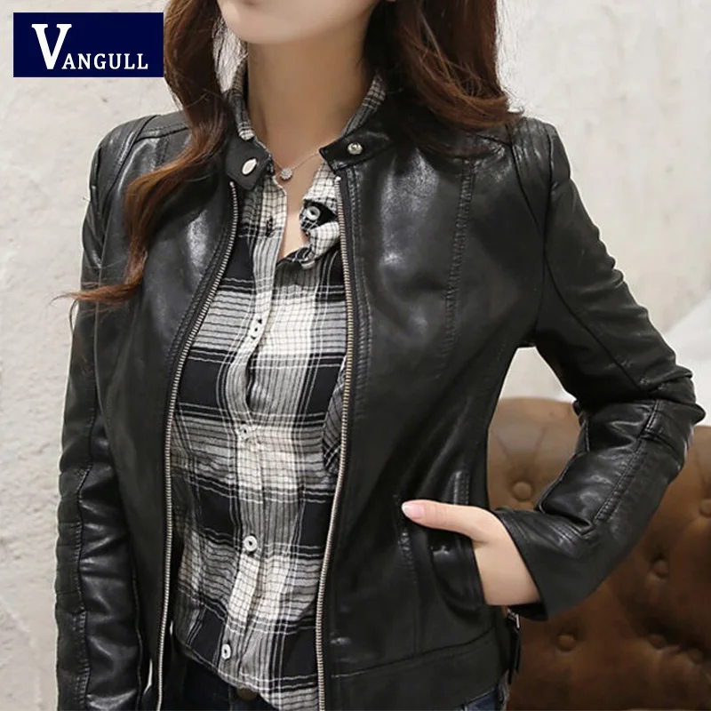 Meilleur Vangull nouvelles femmes printemps automne veste en cuir Pu décontracté mince doux Moto Biker Faux cuir veste femme manteau basique Streetwear
