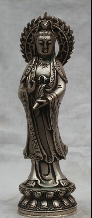 

11" Chinese Buddhism Silver Stand Kwan-yin Guan Yin Boddhisattva pot Statue R
