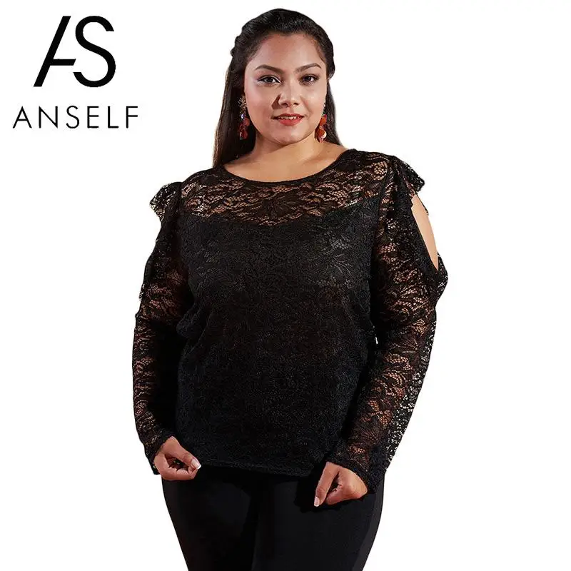 

Womens Tops and Blouses Plus Size XXXL Lace Shirts Cut Out 2019 Autumn Long Sleeve Blouses O-Neck Slim Tops tunics female Black