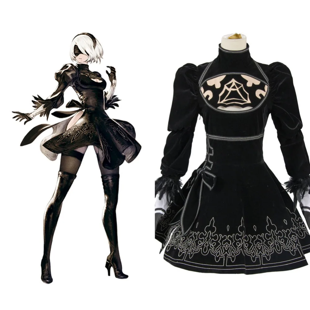 

Anime Nier Automata Yorha 2B Cosplay Costume Girls Women Fancy Black Dress Suit Set for Halloween Party