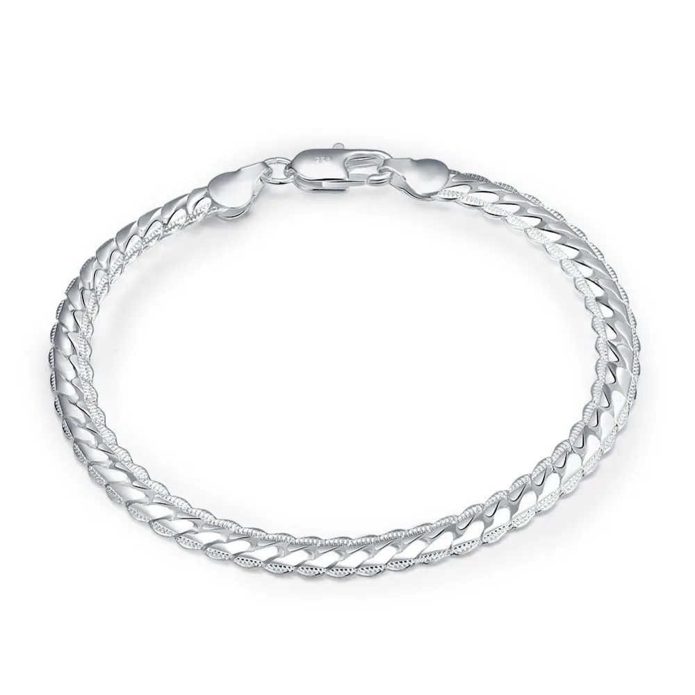 

5mm Cut Hammered Flat Curb Mens Boys Chain Bracelet 925 stamped silver plated Filled Bracelet Wholesale Drop Shipping