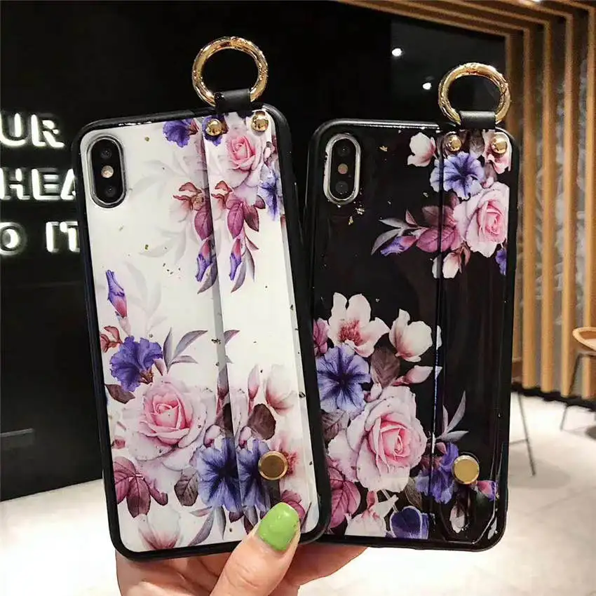 Soft Phone Back Cases For iPhone XR XS MAX 6s 8 7 Plus Luxury Retro Rose Flower Pattern Holder Stand Covers With Wristband Coque |