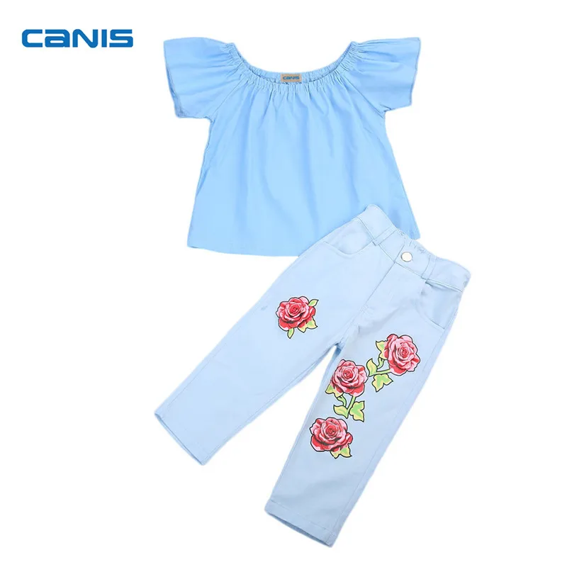 Toddler Kids Baby Girl Floral Tops T-shirt Denim Pants Trouser Jeans Clothes Set