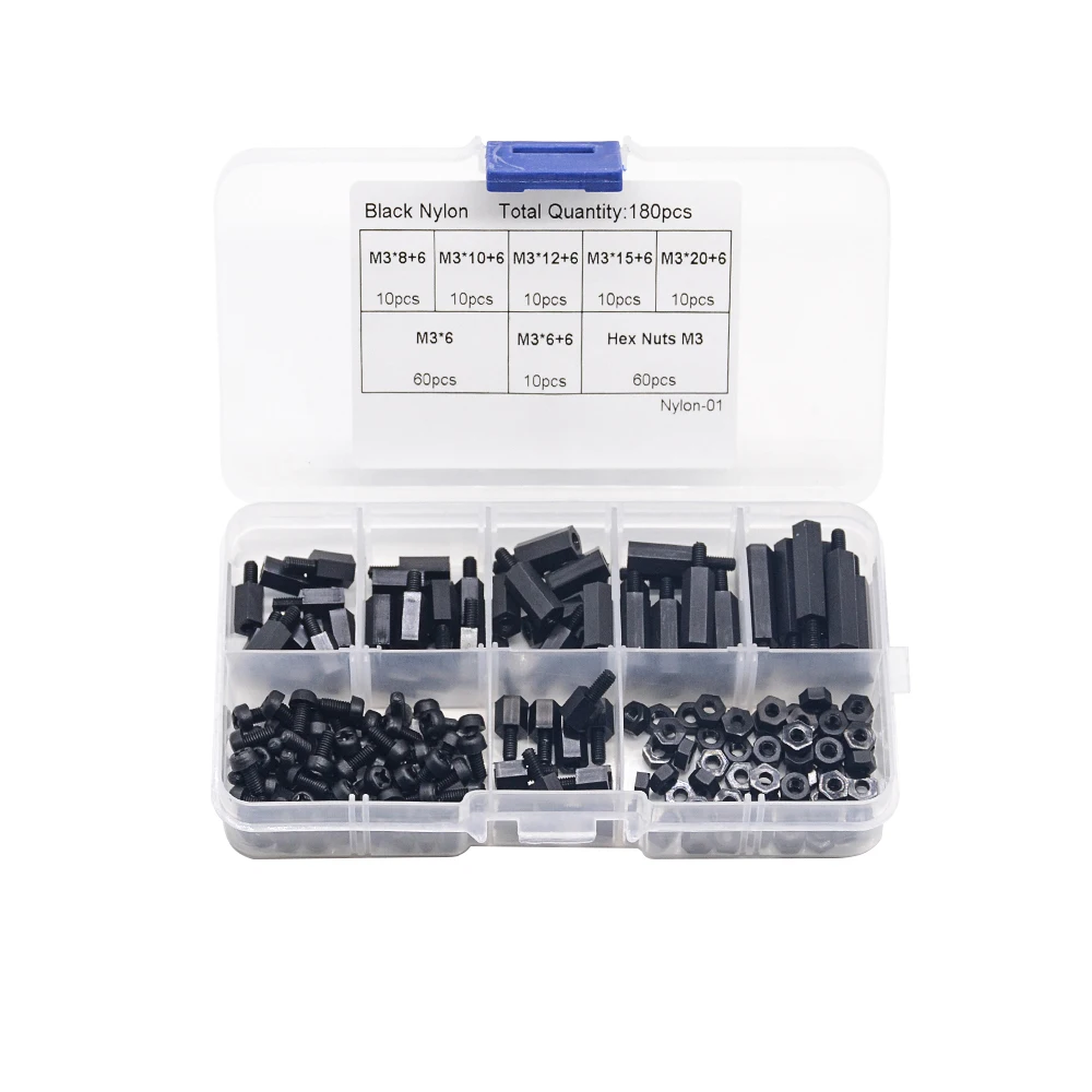 

180Pcs Black M3 Screw Nut Single Head Double Pass Screw Isolation Column Combination Nut Set Boxed Electronic Industry Fasteners