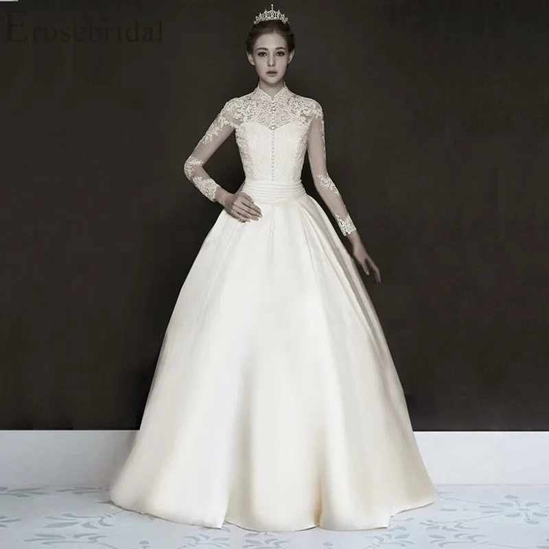 Erosebridal Новое поступление с длинными рукавами атласное свадебное платье кружевное свадебное платье простое платье невесты женское платье, сделанное на заказ
