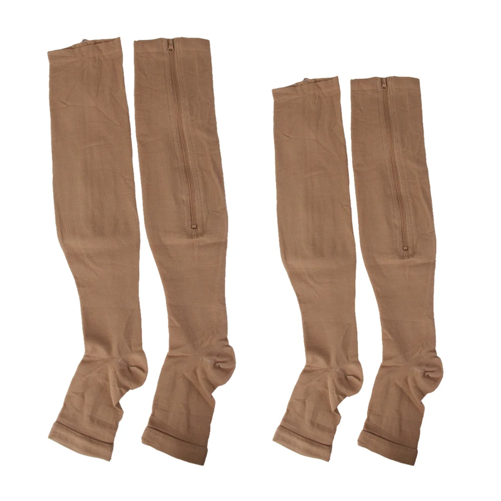 

2 Pairs Zipper Compression Socks Leg Support Knee Stocking Open Toe Prevent Varicose Veins L/XL XXL