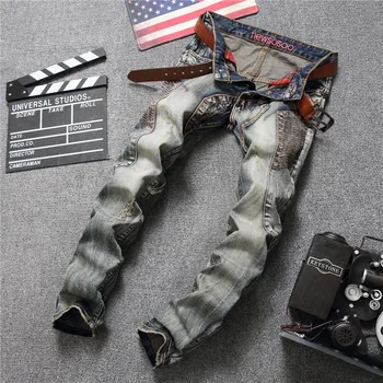 

New Men's Ripped Jean Denim Straight Biker Jeans Men Washed Skinny Jeans Vintage Blue Motorcycle Casual Slim Fit Brand Trousers