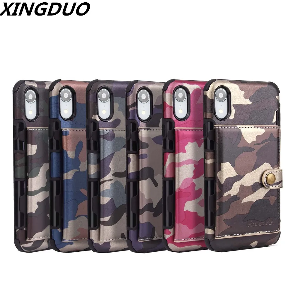 

XINGDUO brand 6 color camouflage color for iphone 7 8 6S Plus With Card Pocket Wallet Case Button for iphone X XS XR XS MAX