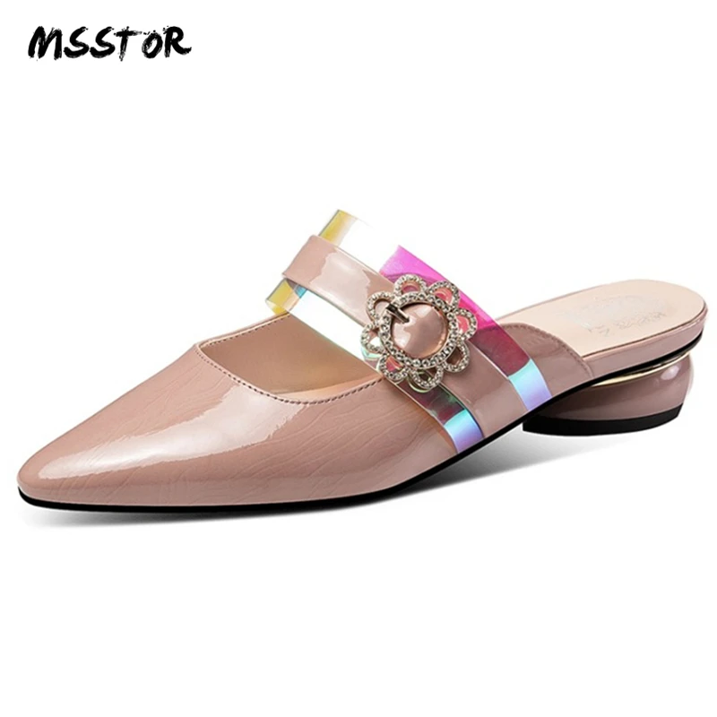 

MSSTOR Pointed Toe Mules Woman Sweet Mixed Colors Pink Fashion Flower Outdoor Summer Slippers Women Transparent Ladies Slippers