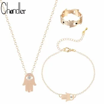 Chandler New Opal Fatima Hamsa Hand Pendant Necklaces & Bracelet & Rings With Clear Crystal For Women Trendy Wedding Jewelry Set