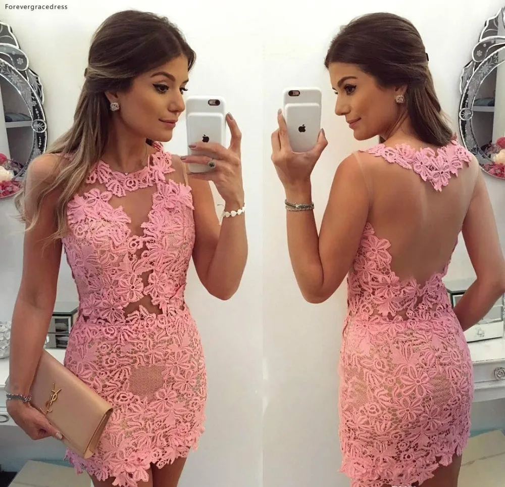 Pink Sheer Crew Neck Lace Sheath Cocktail Dresses 2019 Illusion Applique Formal Mini Seen Through Back Party Short Homecoming Gowns BC0095 110 (4)