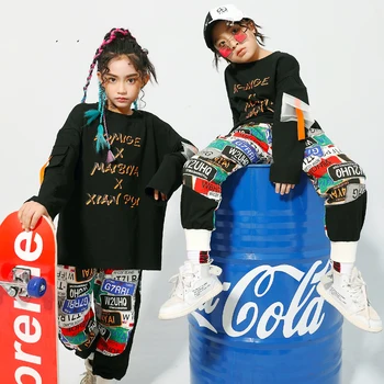 

Hip Hop Street Dance Tide Clothes Cotton T-Shirt Perform Clothing Children'S Suit Boys Girls Hiphop Jazz Dance Costumes DWY1900