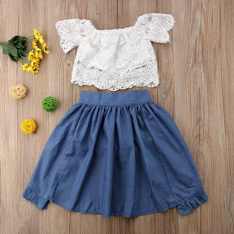 Fashion Baby Girl Summer Clothes 2018 Toddler Girls Suits Lace Tops Denim Skirts Shorts Kids Outfits 3Pcs Children Clothing Set (3)