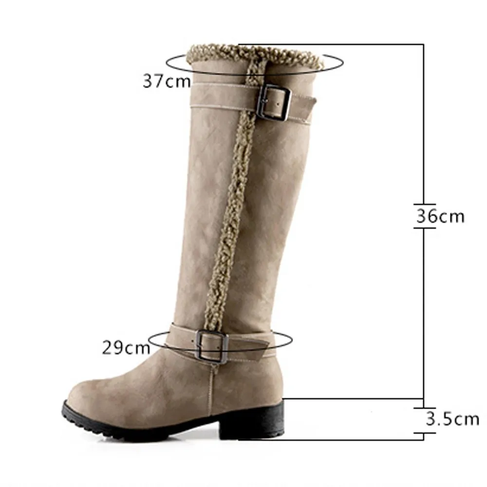 Motorcycle Boots Suede For Women Winter Boot Long Tube Stylish Mid Heels Warm Fur Knee-High Shoes Buckle Strap Riding Botas