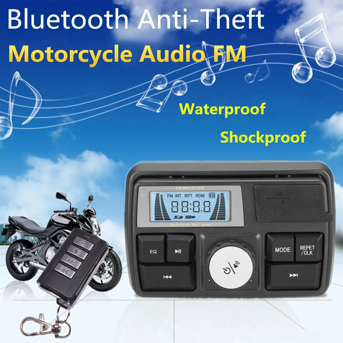 

Autoleader MP3 Radio Sound System Stereo Speakers bluetooth Waterproof Motorcycle Audio FM 5 EQ Functions LCD Display USB/SD/TF