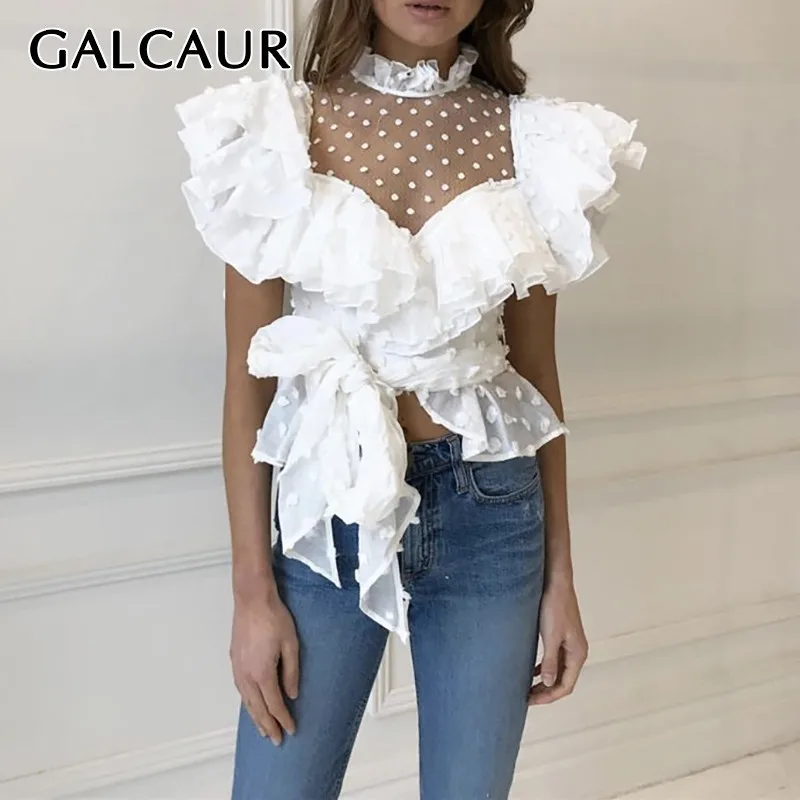 

GALCAUR Polka Dot Chiffon Shirt For Women stand Collar Patchwork Bowknot Bandage Blouse Female 2019 Fashion Summer New