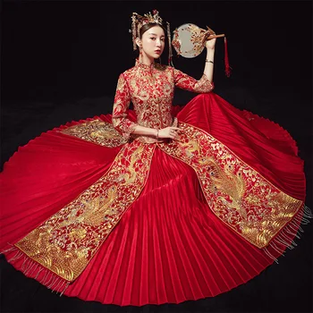 

Vintage Top Quality Embroidery Cheongsam Rhinestone Bride Wedding Pleated Dress 3/4 Sleeve Chinese Women Exquisite Qipao