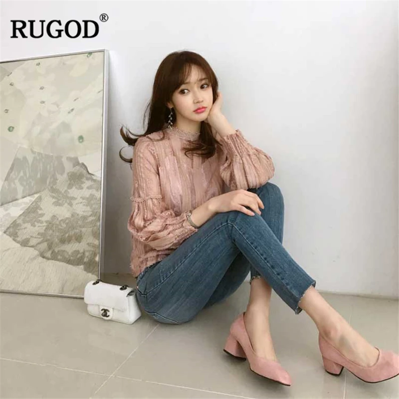 

RUGOD 2019 lace women shirts O-neck long sleeves puff sleeves elegant office ladies wearing spring summer blouse