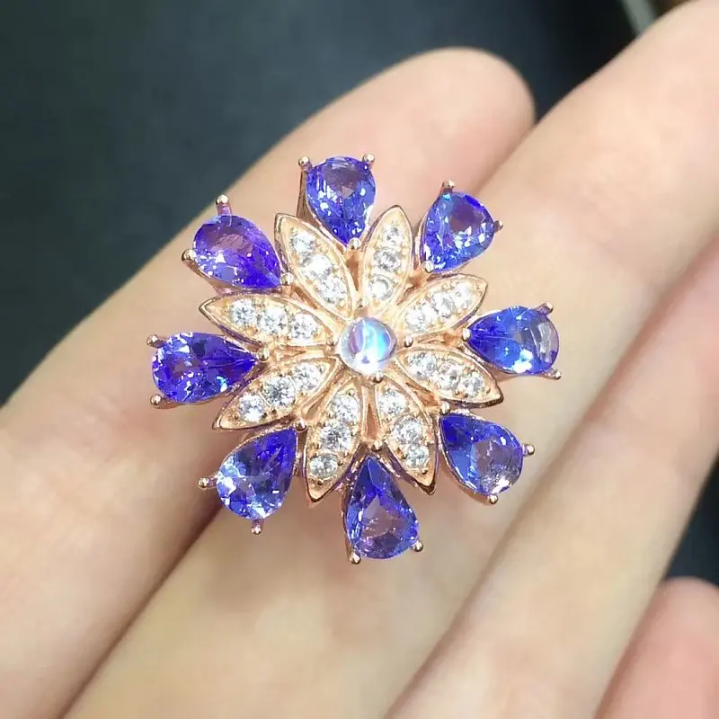 

2017 Sale Anillos Qi Xuan_Fashion Jewelry_Blue Stone Flower Rings_Rose Gold Color Woman Blue Stone Rings_Factory Directly Sales