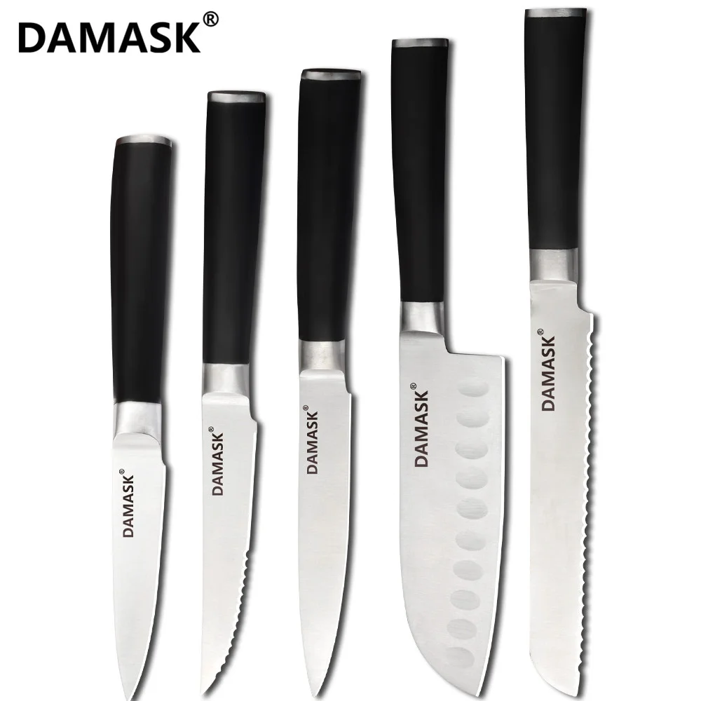 

Damask Stainless Steel Chef Cooking Knives Set Plastic Handle Sharp Blade Bread Santoku Utility Steak Paring Knife Cooking Tool