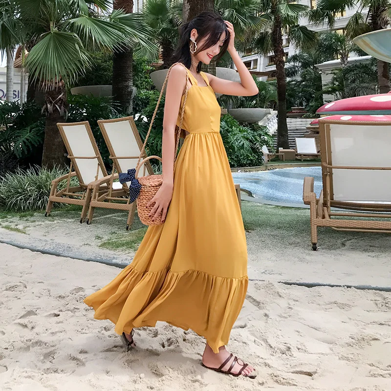 

Tingfly Hollow Out Beach Bow Tie Ruffles Boho Dresses Spring Summer Dress 2019 Sexy Strap Backless Party Women Long Dresses