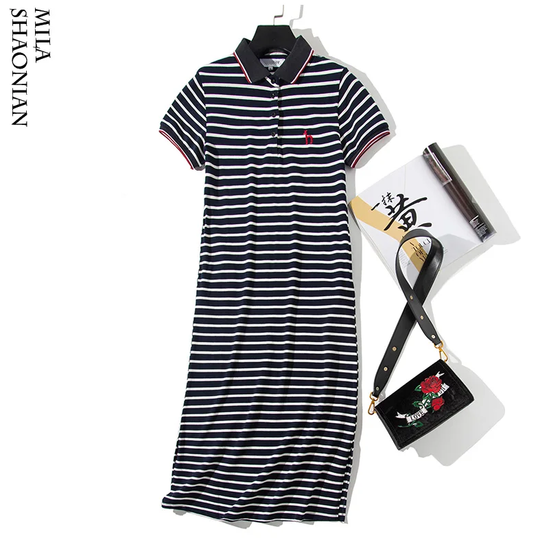 Summer Polo Collar Striped Embroidery Woman Dress Plus Size Short Sleeve Long T-shirt Dresses Casual Female Maxi Dresses