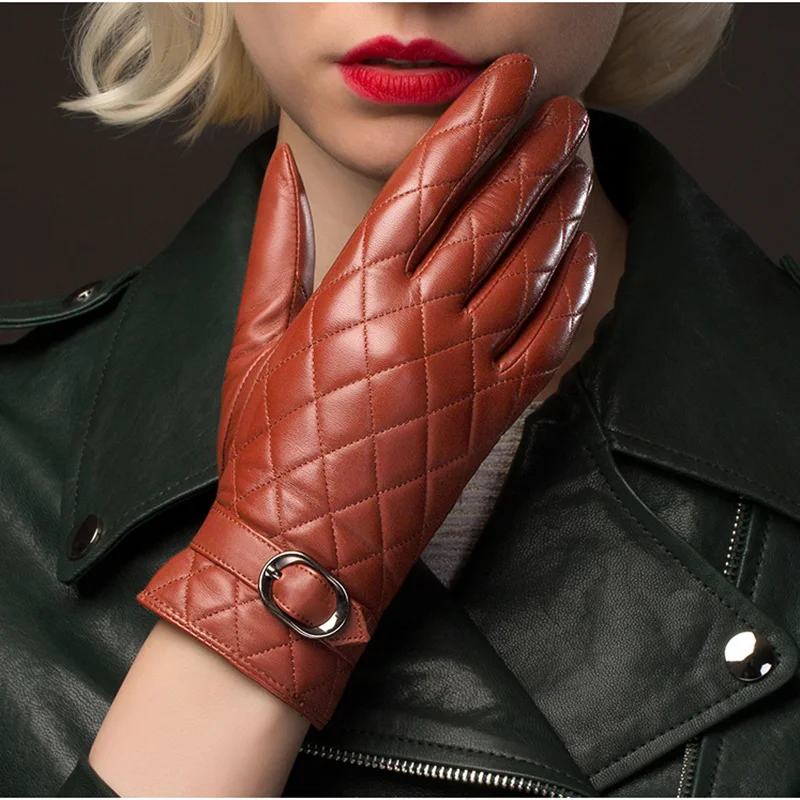Women Genuine Leather Gloves Fashion Plaid Real Sheepskin Glove Winter Thicken Warm Top Quality