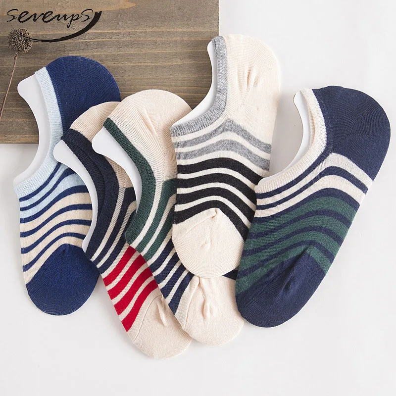Seveups Men Vertical Striped Invisible Socks Line Cotton Male No Show