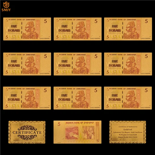 10 шт./лот Зимбабве 100 доллар деньги золотая банкнота в 24 К Позолоченные с золотом 999 Металл чистого золота для коллекции - Цвет: 5 Dollar