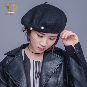 

joejerry Pearl Beret Women French Wool Beret Female Flat Cap Black Elegant Hat 2018 New Arrival