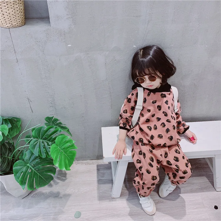 Новые корейские повседневные костюмы с капюшоном и леопардовым принтом для малышей Весенняя коллекция года, свитер с длинными рукавами для девочек+ штаны для малышей Детские комплекты из 2 предметов
