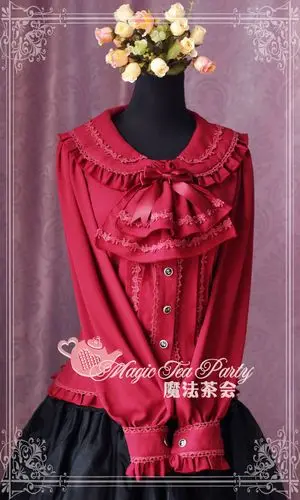 Магический Чай Вечерние Длинные рукава шифоновая кружевная рубашка Лолита блузка Питер Пэн воротник с большим бантом белый черный синий красный s-xl