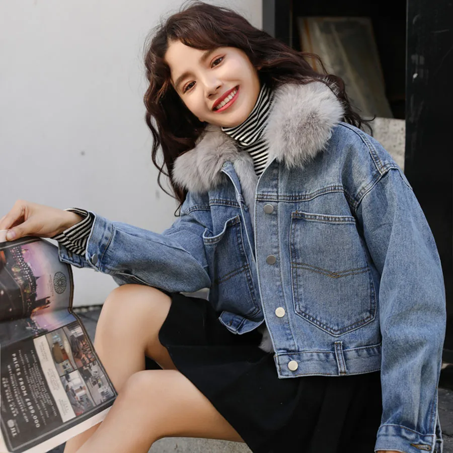 Short Coat Fur Collar Denim Jacket Streetwear Crop Jacket Women Bolero Punk Casacos Feminino Coats And Jackets Women  60j106