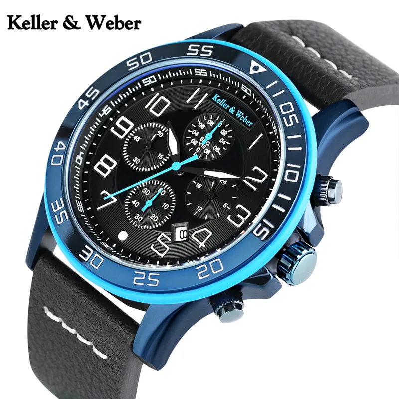 

Keller & Weber Chronograph Mens Watches Luxury Brand Military Aviator Clock Genuine Leather Sports 30ATM Waterproof Reloj Hombre