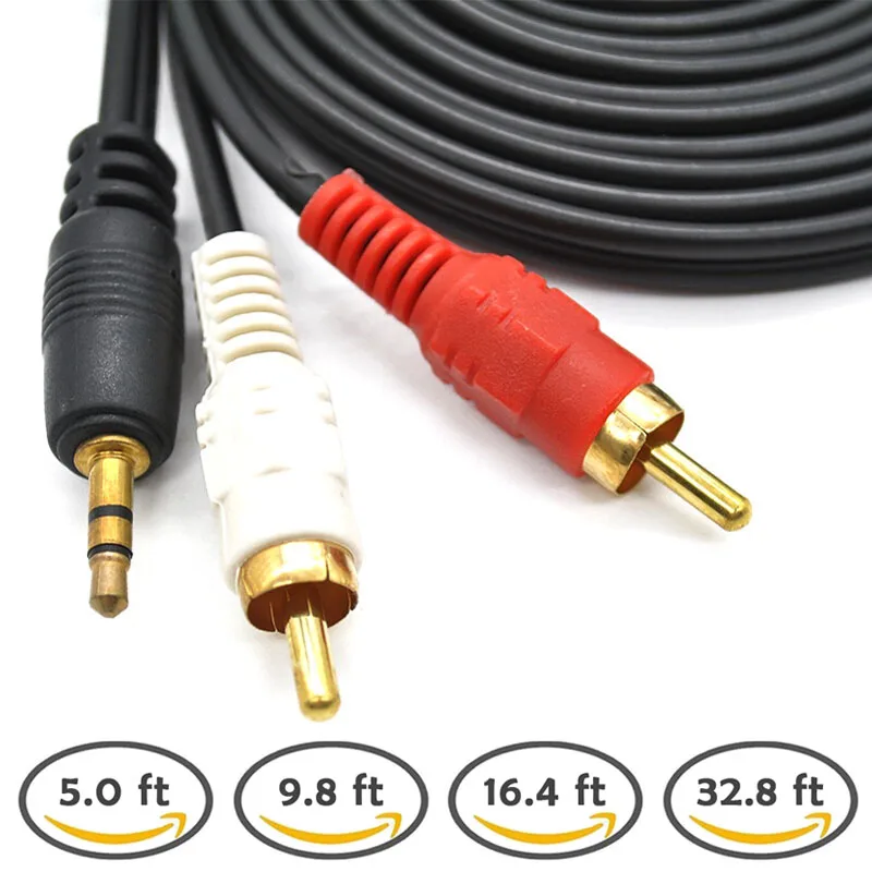

New 1.5M/3M/5M/10M 3.5 MM Male Jack to AV 2 RCA Male Stereo Music Audio Cable Cord AUX for Mp3 Pod Phone TV Sound Speakers @