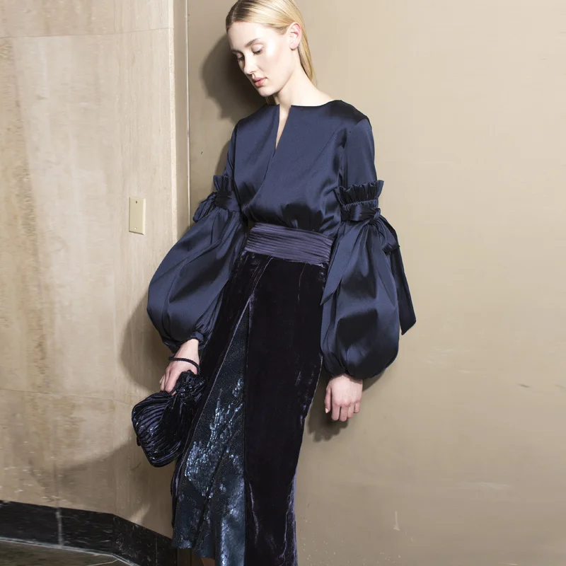 two piece winter set women clothes outfits lantern sleeve slit v neck navy blue lady tops blouses + high waist velvet skirt