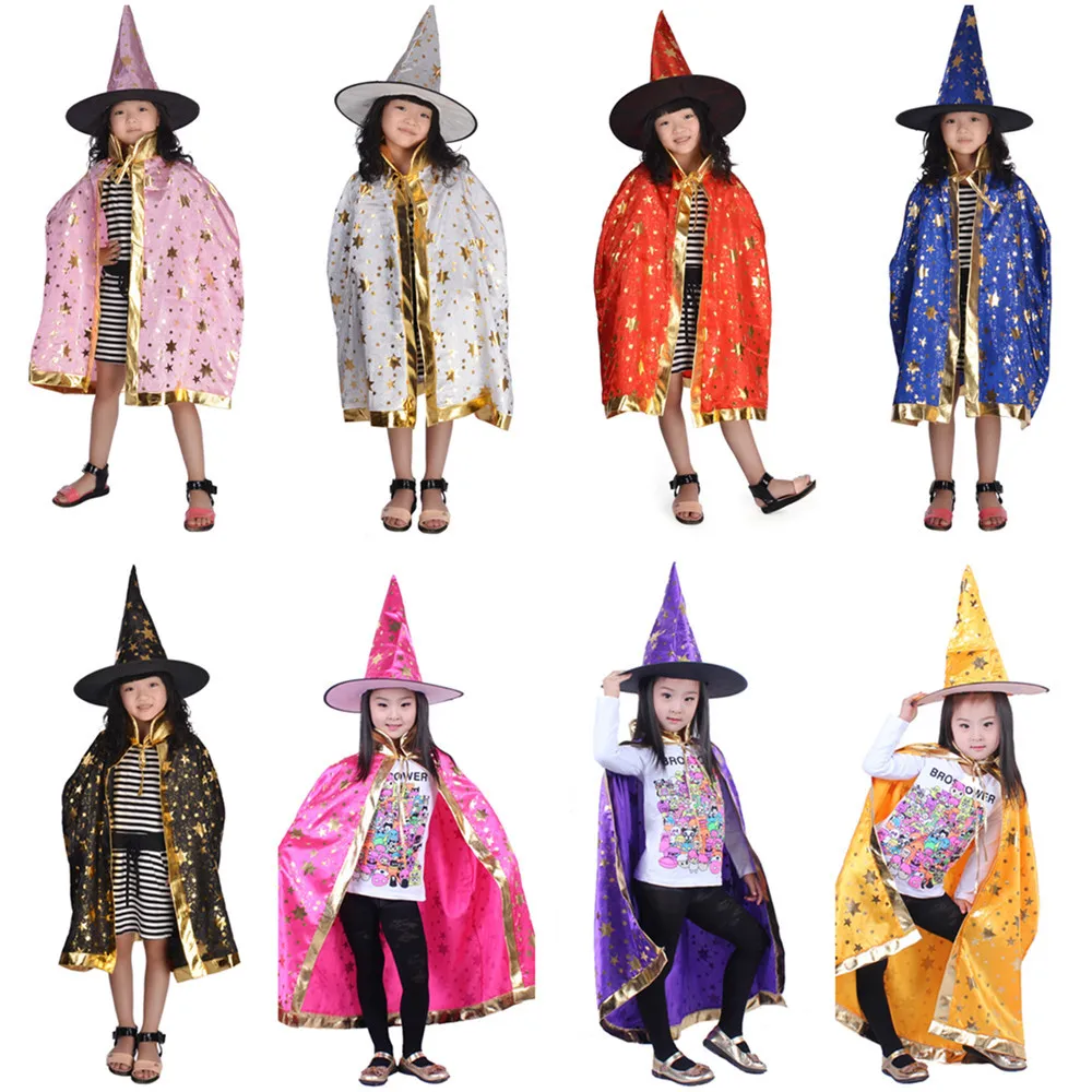 Free shipping ,red pink ,green ,black ,white,purple halloween kid children  witch cloak cape with hat
